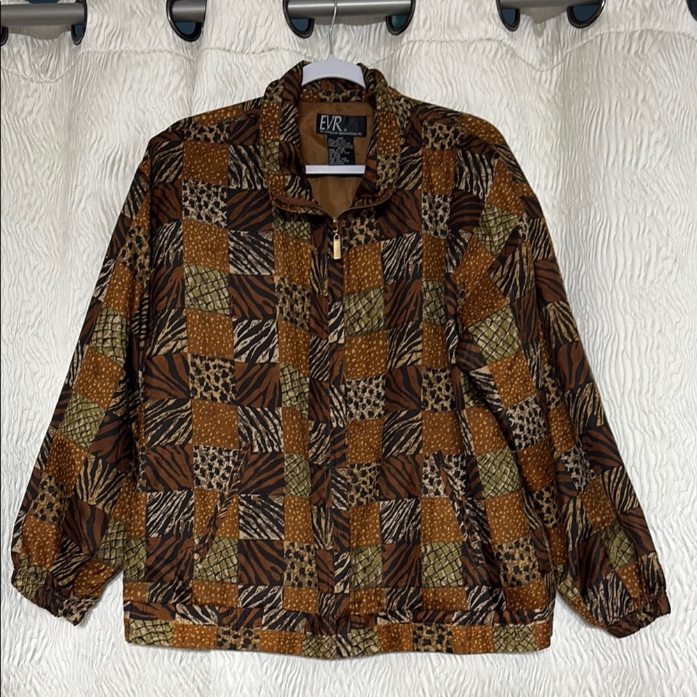 EVR Silk Brown and Tan 100% Silk Jacket with Vintage Animal Print- Size Medium